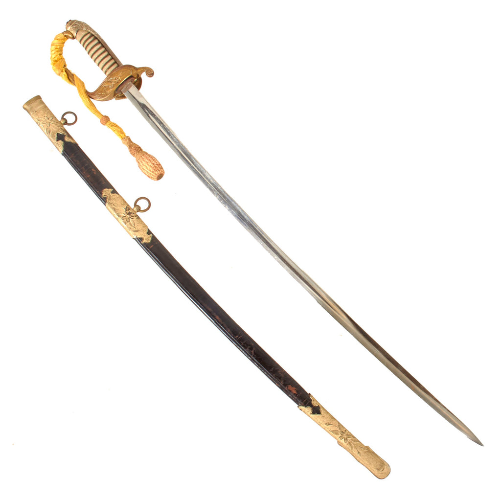 Original Japanese WWII Named Navy Officer Model 1883 Kyu-Gunto Sword with Knot and Leather Parade Scabbard Original Items