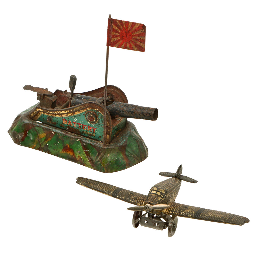 Original Japanese & German Pre-WWII Military Toys - Japanese Battery Gun with Rising Sun Flag and German Junkers Mechanical Airplane Original Items