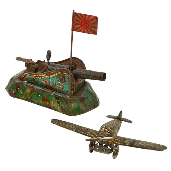 Original Japanese & German Pre-WWII Military Toys - Japanese Battery Gun with Rising Sun Flag and German Junkers Mechanical Airplane Original Items