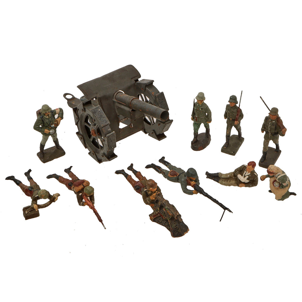 Original German WWII Era Lineol & Elastolin Toy Soldiers with Artillery Piece - Lot of 11 - Machine Gunners & Medics Original Items