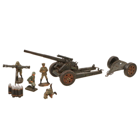 Original German Pre-WWII Era Artillery Gun Lineol & Elastolin Toy Soldier Set with Artillery Piece and Four Soldiers Original Items