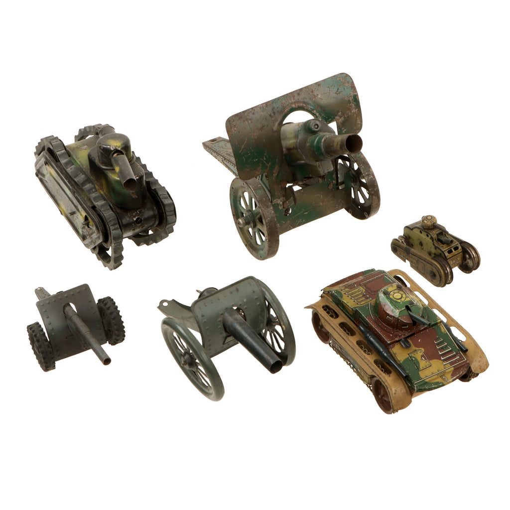 Original German Pre WWII to WWII Era Children’s Camouflaged Tin Toy Collection with Three Tanks and Two Artillery Pieces - Five Total Original Items