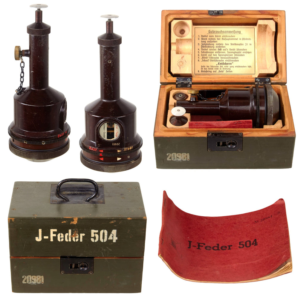 Original German WWII J-Feder 504 Time Delay Fuze in Matching Transit Chest with Matching Data Booklet - Booklet Entry Dated January 8th, 1945 Original Items