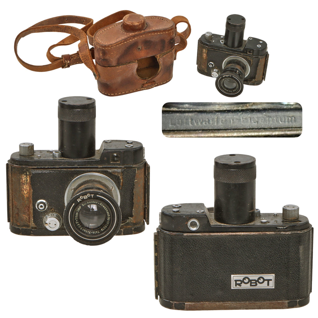 Original German WWII Luftwaffe-Marked ROBOT Luftwaffen Eigentem Camera with Rare Leather Case and Strap Original Items