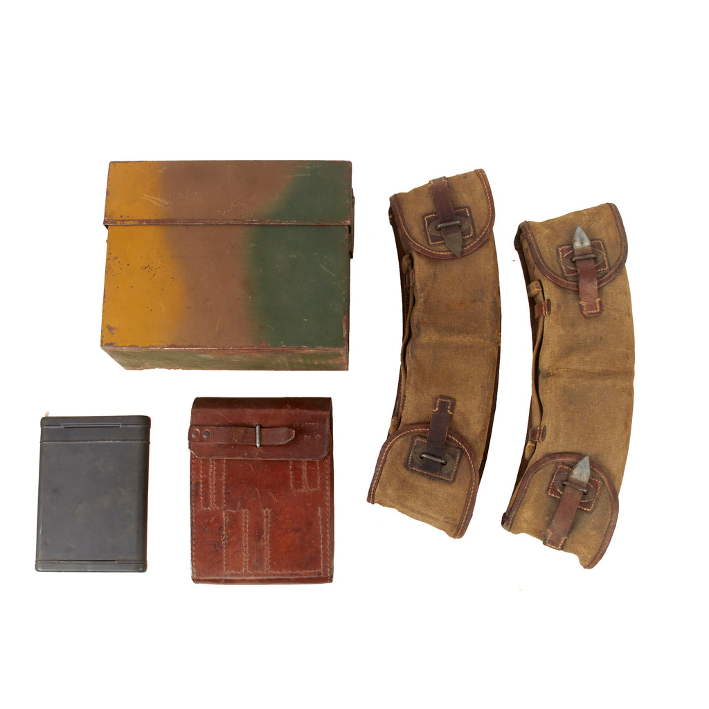 Original German WWII MG 13 Light Machine Gun Accessory Lot with Eight Magazines in Pouches, Empty Normandy Camo Magazine Case, Gunner’s Kit Pouch & Cleaning Kit Tin - Maschinengewehr 13 Original Items