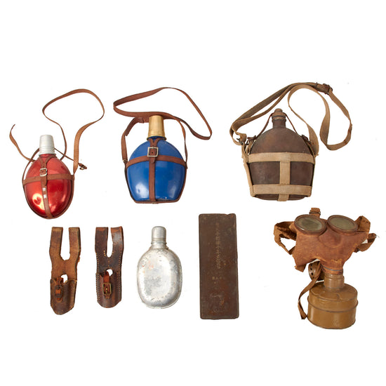 Original Japanese WWII Field Gear Lot - Private Purchase Canteens, Gas Mask, and Bayonet Frogs - 8 Items