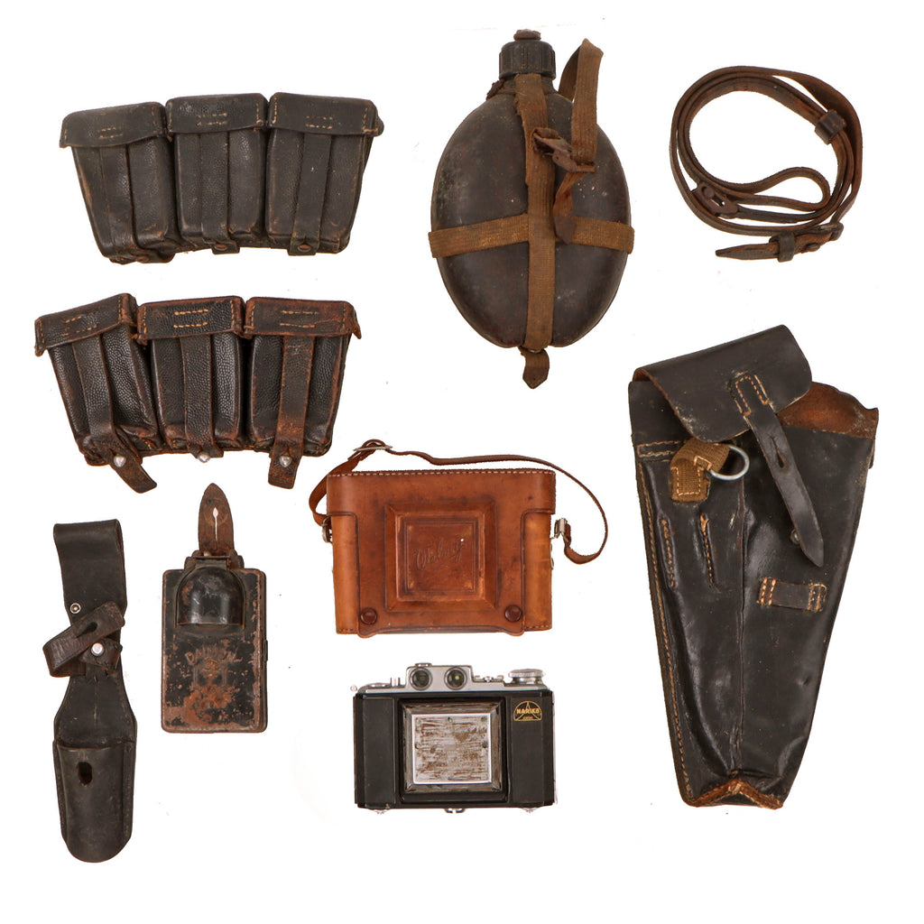 Original German WWII Wehrmacht Field Gear Lot with K98 Sling, Bayonet Frog, Pouches, Coconut Canteen, Pouches, and Camera - 8 Items