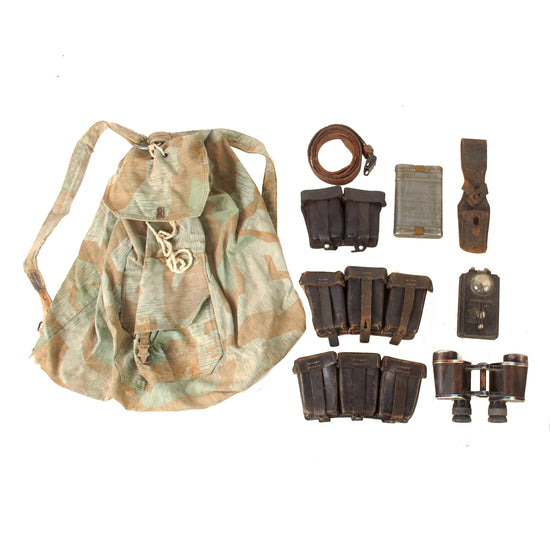 Original German WWII Wehrmacht Field Gear Lot with K98 Sling, Bayonet Frog, Pouches, and Flashlight - 9 Items Original Items