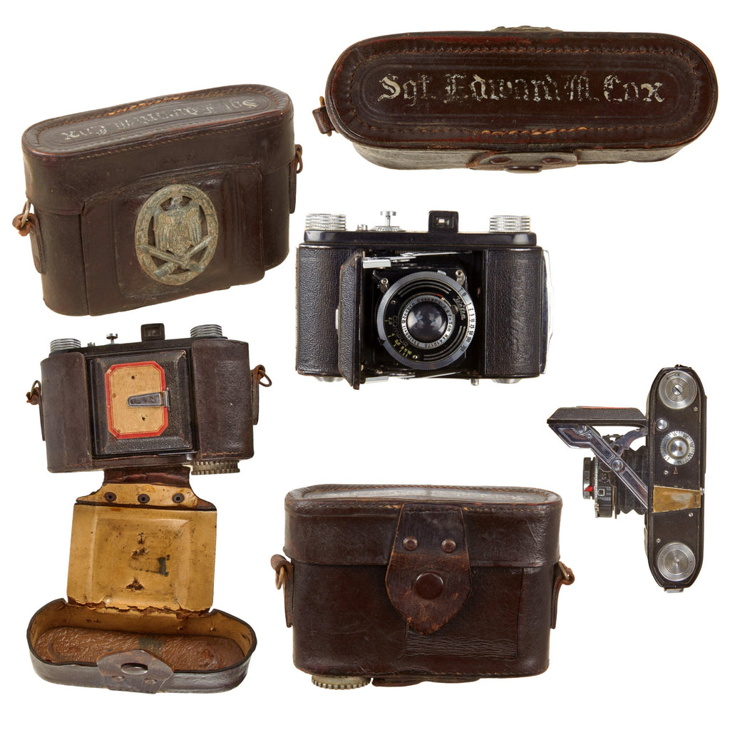 Original German WWII U.S. Captured Welta 35mm Camera in Leather Case with Soldier’s Name and Attached General Assault Badge - Sgt. Edward M. Cox Original Items