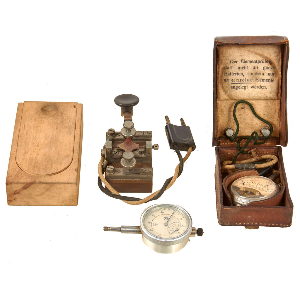 Original German WWI & WWII Technical Device Set with Morse Code Key, Pressure Gauge in Wooden Case, and Voltage Meter in Leather Case Original Items