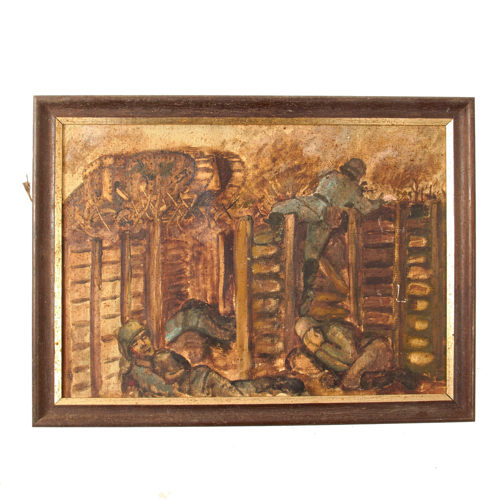 Original German Post-WWI Painting of Macabre Trench Scene with British Landship Tank - Signed & Dated 1927 on Reverse - 11½ x 15½” Original Items