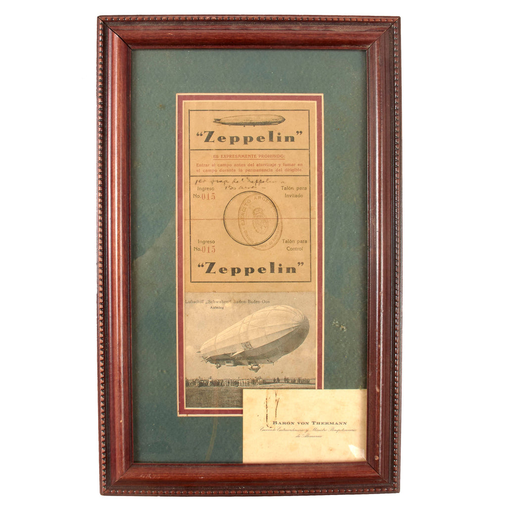 Original German WWII Framed Spanish Zeppelin Ticket and German Ambassador to Argentina Baron von Thermann’s Calling Card - 8 ⅝ x 13 ⅝” Original Items
