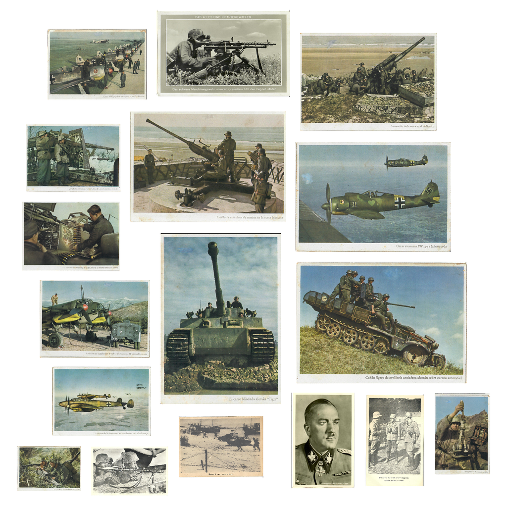 WWII German Military Propaganda Postcard Lot of 17 with Spanish, German & Italian Captions – Luftwaffe, Waffen-SS, Tiger Tank & Crete Subjects