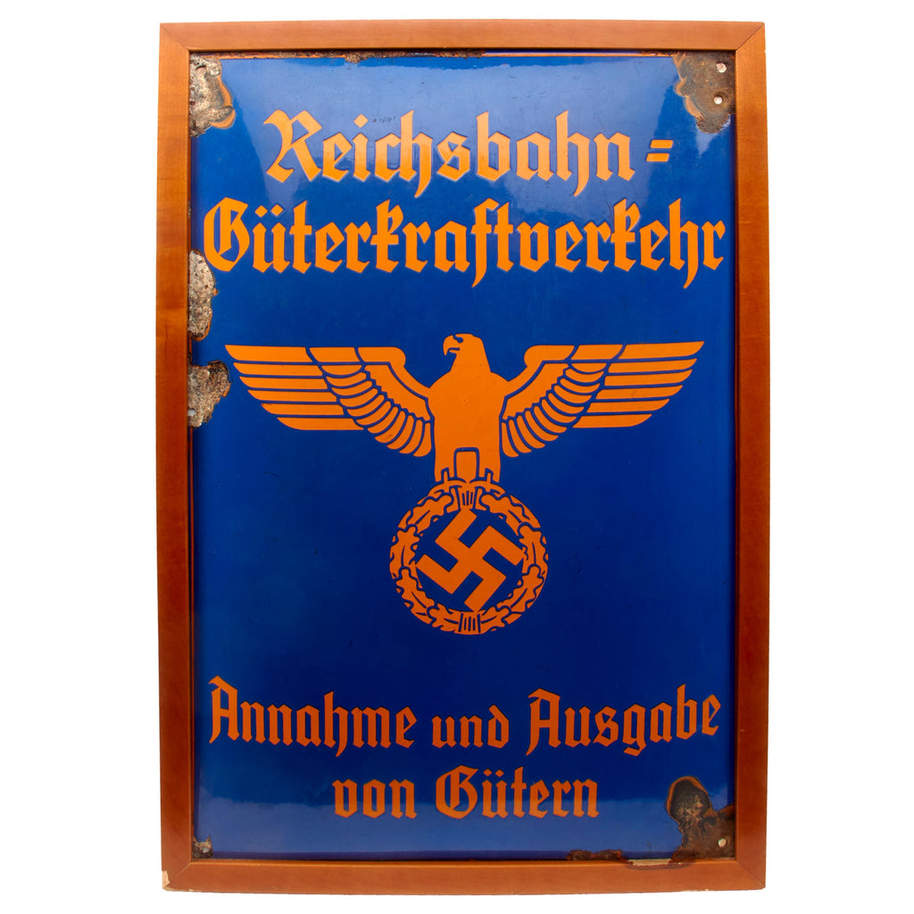 Original German WWII Framed Reichsbahn National Railway Freight Depot Enameled Steel Sign - 16 5/8" x 24 1/2" Original Items