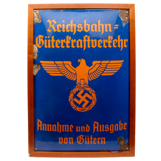 Original German WWII Framed Reichsbahn National Railway Freight Depot Enameled Steel Sign - 16 5/8" x 24 1/2" Original Items