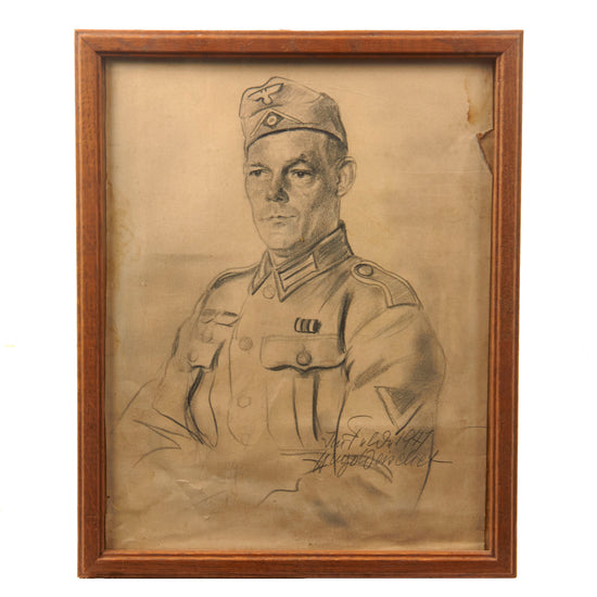 Original German WWII Framed Hand-Sketched Portrait of Heer Gefreiter Enlisted Man Dated 1941 - 12 x 15”