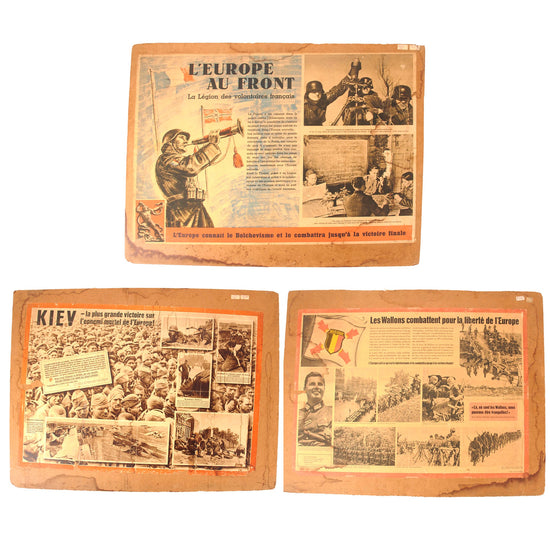 Original German WWII Foreign Language French & Belgian Broadside Recruitment Posters Mounted onto Particle Board - Lot of Three - Incredibly Scarce Original Items