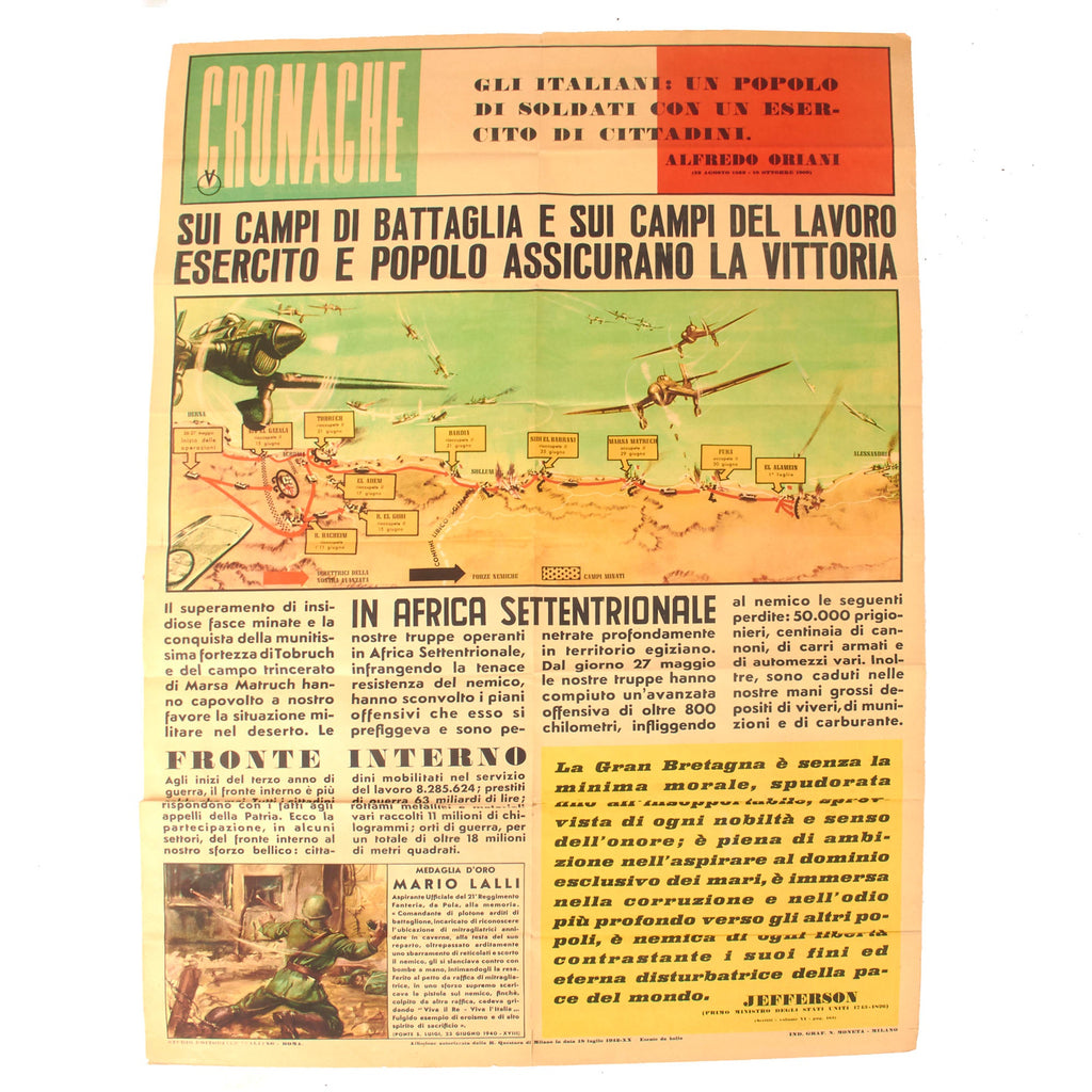 Original Italian WWII 1943 Cronache Chronicles North African Campaign Propaganda Poster - “On the Battlefields and on the Work Fields the Army and the People Ensure Victory” - 28 x 39” Original Items