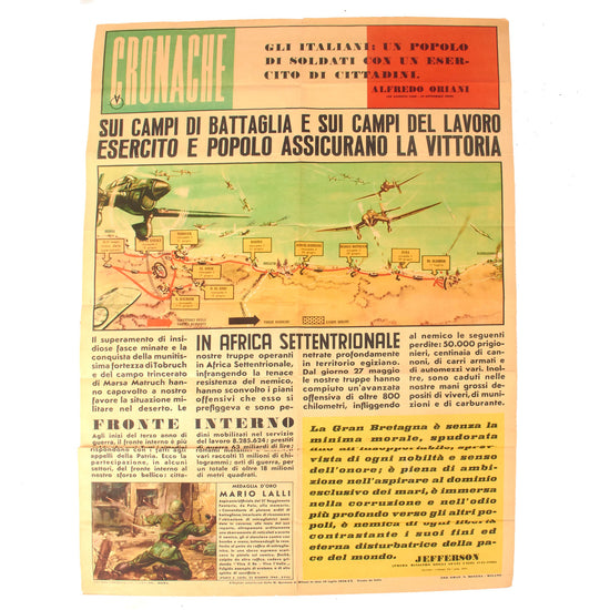 Original Italian WWII 1943 Cronache Chronicles North African Campaign Propaganda Poster - “On the Battlefields and on the Work Fields the Army and the People Ensure Victory” - 28 x 39” Original Items