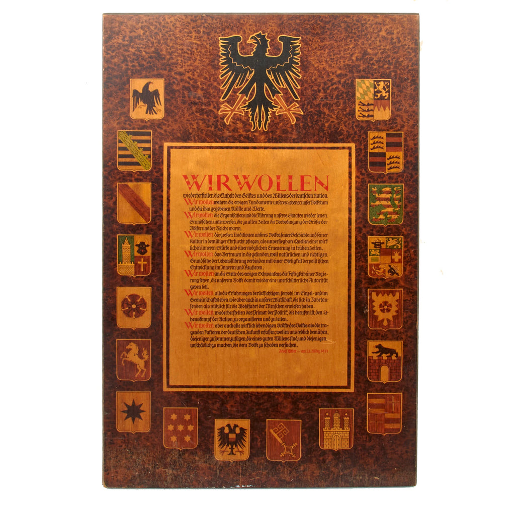 Original German Pre WWII Adolf Potsdam Day Wir Wollen "We Want" Speech Transcription on Decorative Wooden Wall Plaque - 12 3/4" x 20 3/8" Original Items