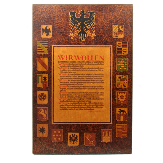 Original German Pre WWII Adolf Potsdam Day Wir Wollen "We Want" Speech Transcription on Decorative Wooden Wall Plaque - 12 3/4" x 20 3/8" Original Items