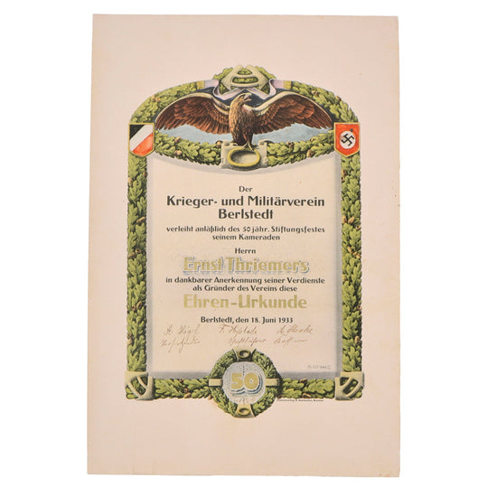 Original German Pre-WWII Berlstedt Veterans and Military Association 50th Anniversary Honor Certificate - Ernst Thriemers - 12 ⅝ x 19” Original Items