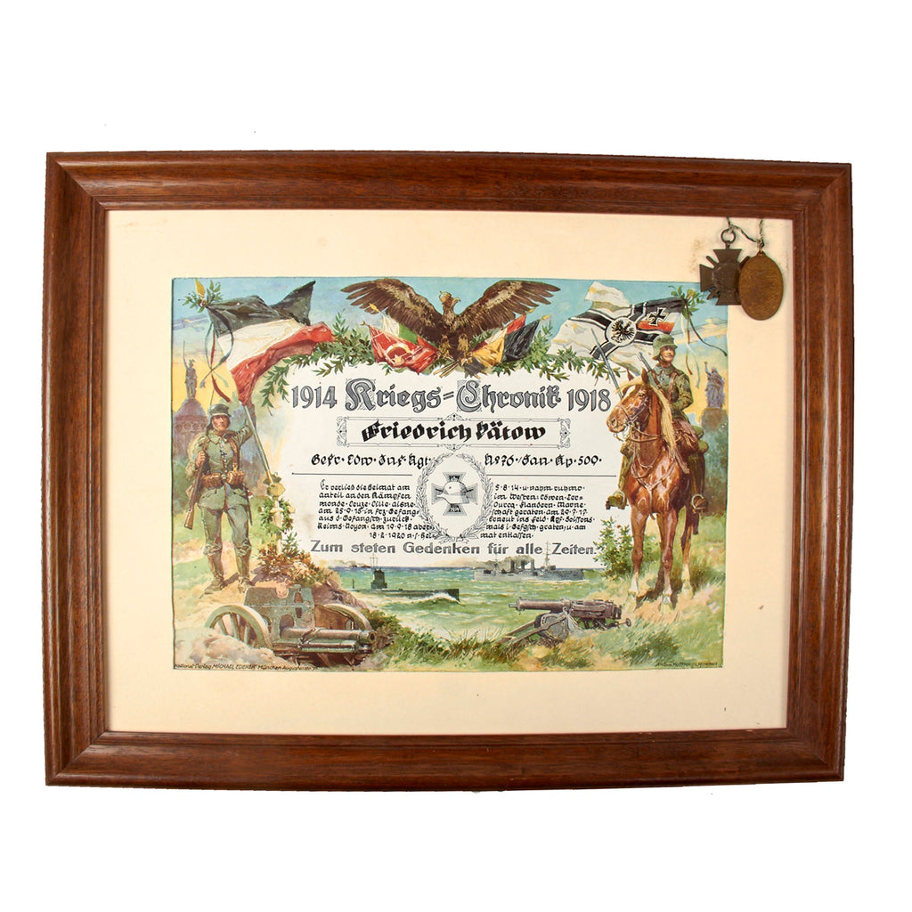 Original Imperial German WWI J.R. 76 Framed War Chronicle Document with Honor Cross & Kyffhauser Medal Attached - No Glass - 16 ¾ x 20 ¼” Original Items