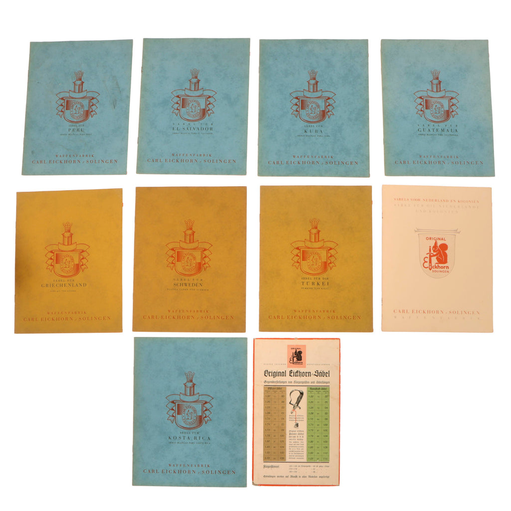 Original Pre-WWII German 1931 Carl Eickhorn Solingen International Export Saber Catalog Collection for 9 Nations with WWII Era Advertising Display Card