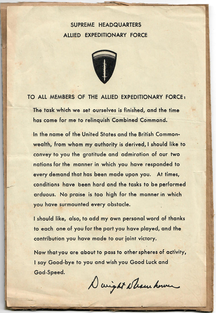Original U.S. WWII SHAEF Eisenhower Letter Sent to the Troops After D-Day Original Items