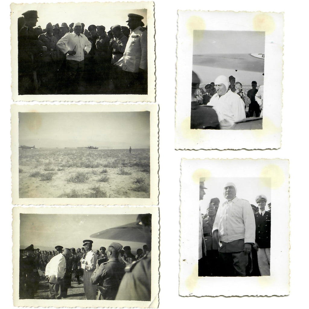 Original Italian WWII Unpublished Photos of Mussolini Wearing Tropical Flight Jacket & Helmet Taken by German in North Africa - All Inscribed and Dated 1942 - Five Total Original Items
