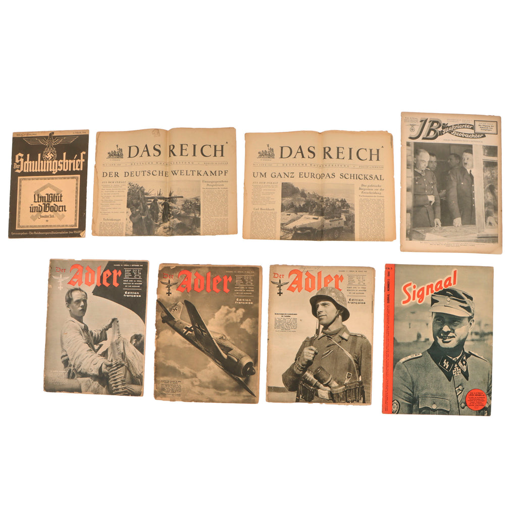 Original German Pre-WWII & WWII 8-Piece Newspaper & Magazine Lot - Illustrierter Beobachter, Der Adler, Signal, Der Schulungsbrief & Das Reich - 1938-1945