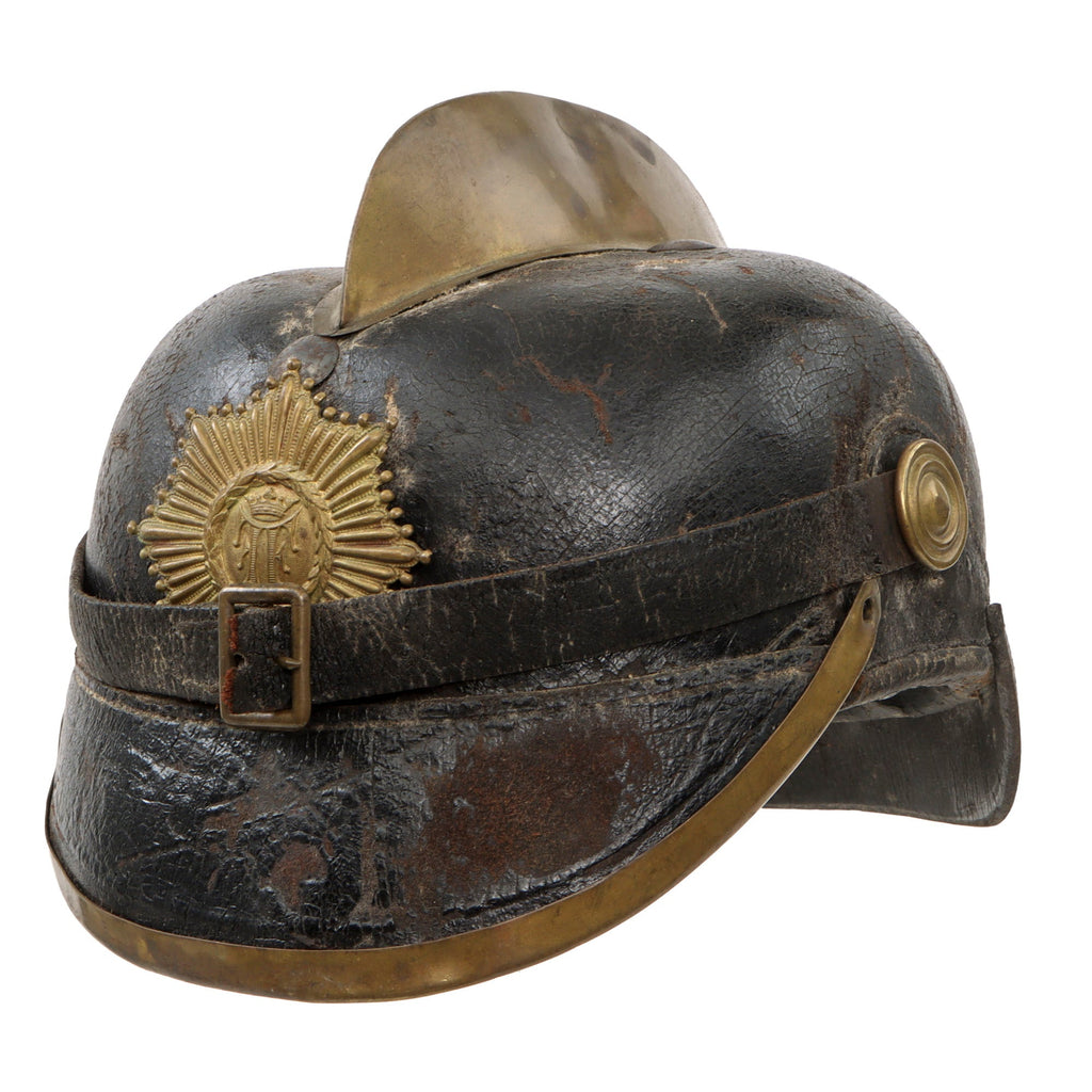 Original Imperial German Pre WWI Schleswig-Holstein Fire Brigade Pickelhaube Style Leather Helmet with State Badge Original Items