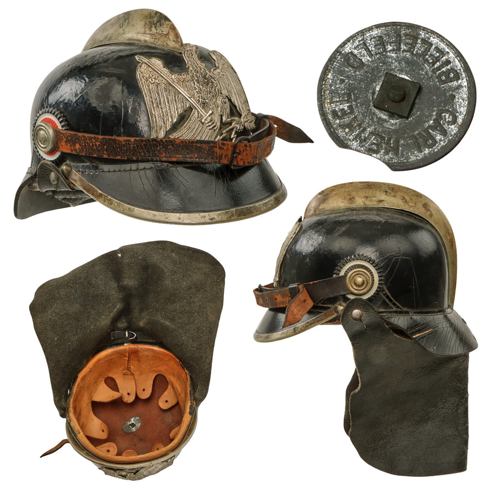 Original German Pre-WWII Prussian Fire Brigade Leather Pickelhaube Helmet with Cockades and Neck Cape - Rare Original Items