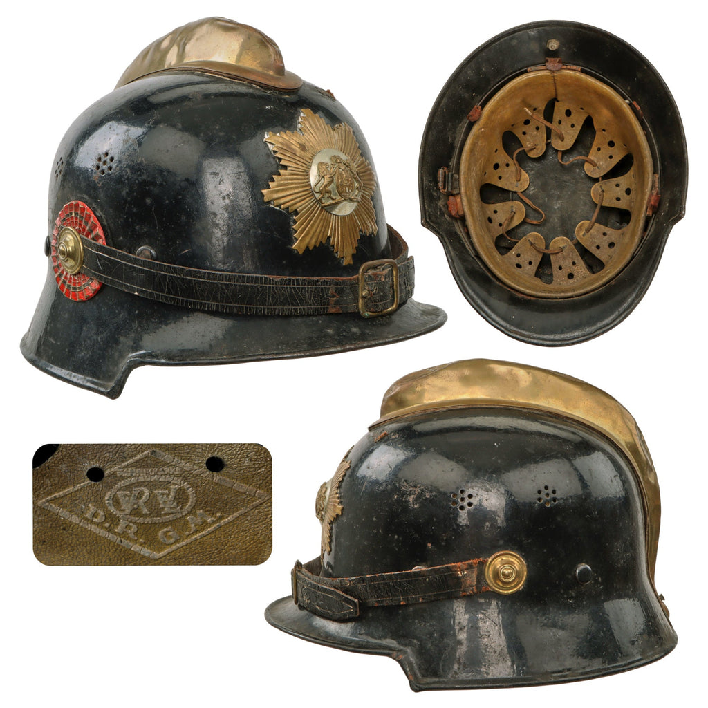 Original German Pre-WWII Unusual Early Commercial M34 Square Dip Police Helmet with State Wappen & Cockade - Double Erel Markings on Sweatband Original Items