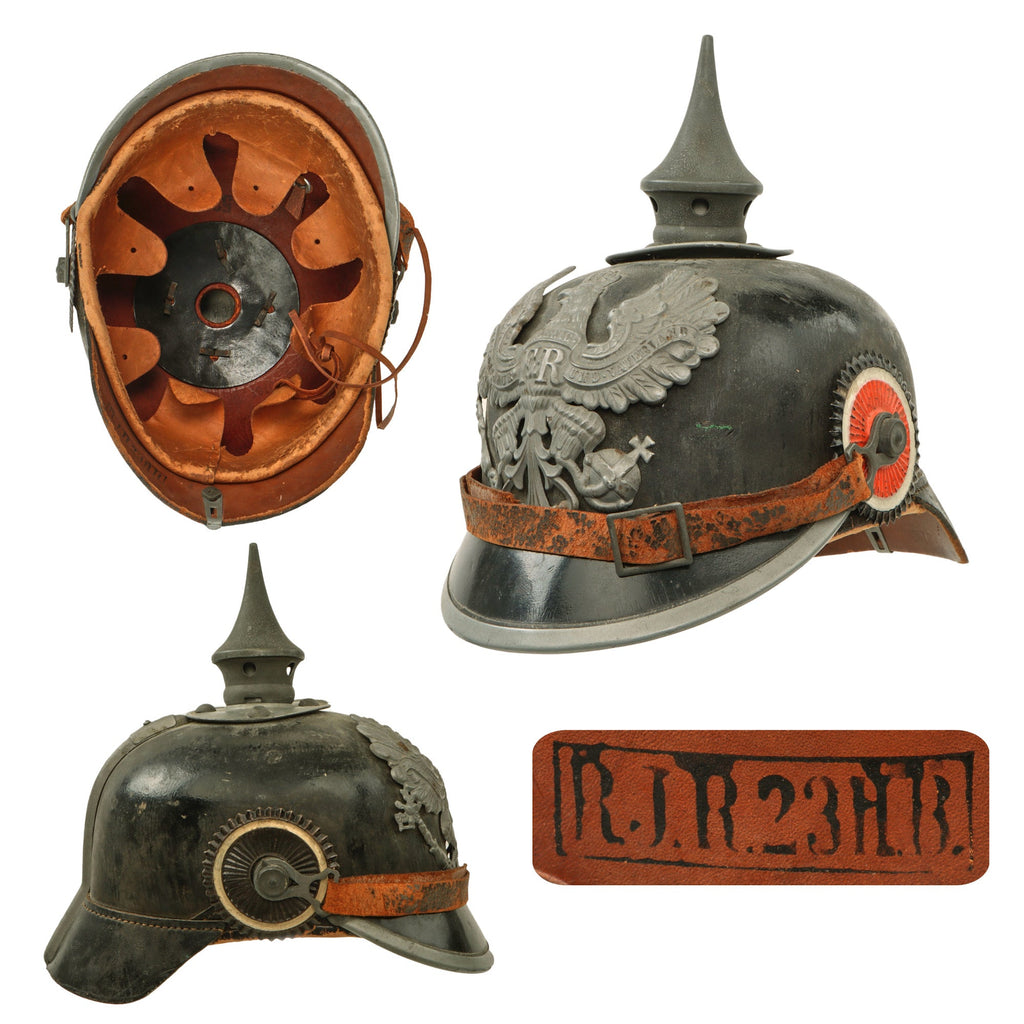 Original Imperial German WWI Prussian Unit-Marked EM/NCO Infantry M1915 Pickelhaube Spiked Helmet Dated 1916 with Rare Large Cockades & Broken Chinstrap - Reserve-Infanterie-Regiment Nr. 23 Howitzer Battery - Size 53 Original Items