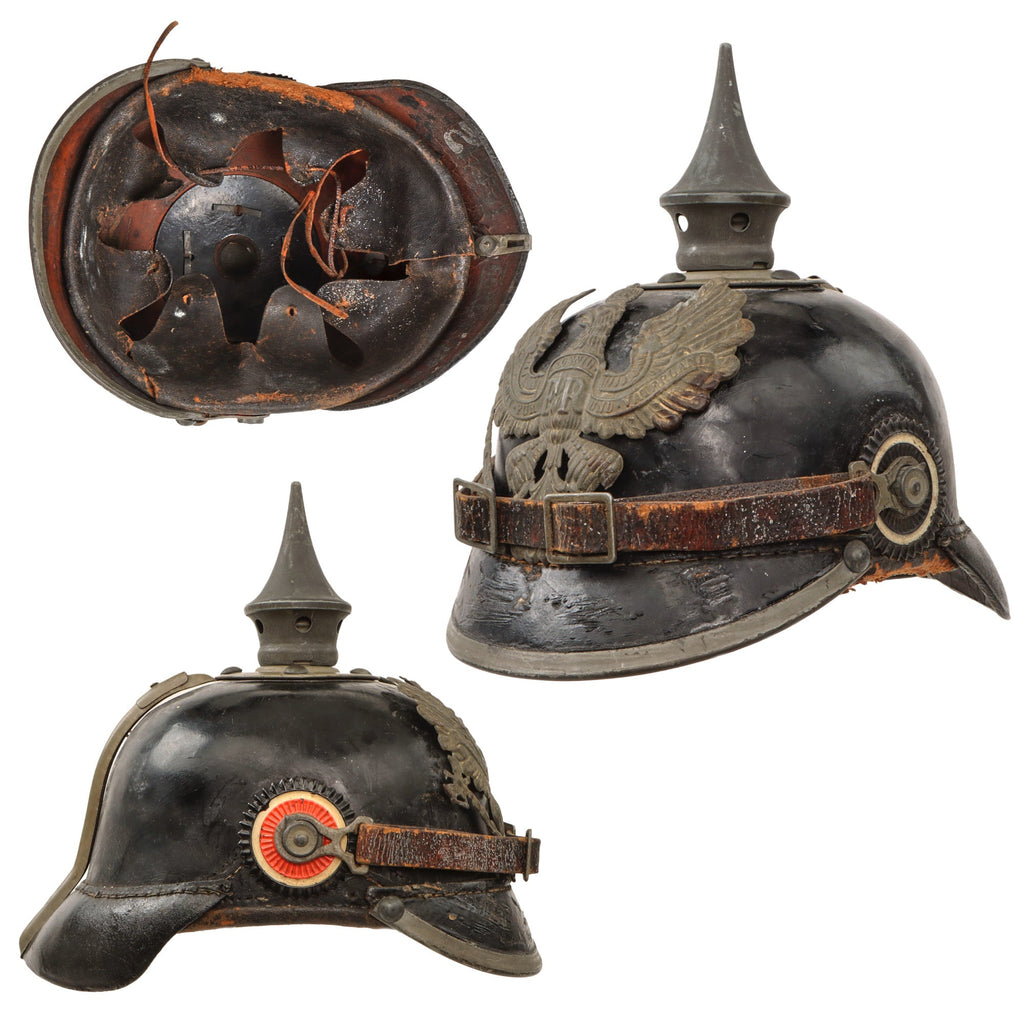 Original Imperial German WWI Unit-Marked Prussian M1895 Line Infantry Pickelhaube Spiked Helmet Converted to M1915 Pickelhaube with Cockades & Chinstrap - Dated 1898 Original Items