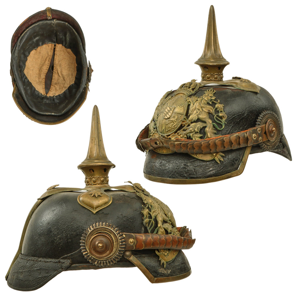 Original German WWI Bavarian M1886/1914 Infantry Officer Pickelhaube Spiked Helmet with Period-Replaced Liner & Incorrect Cockades Original Items