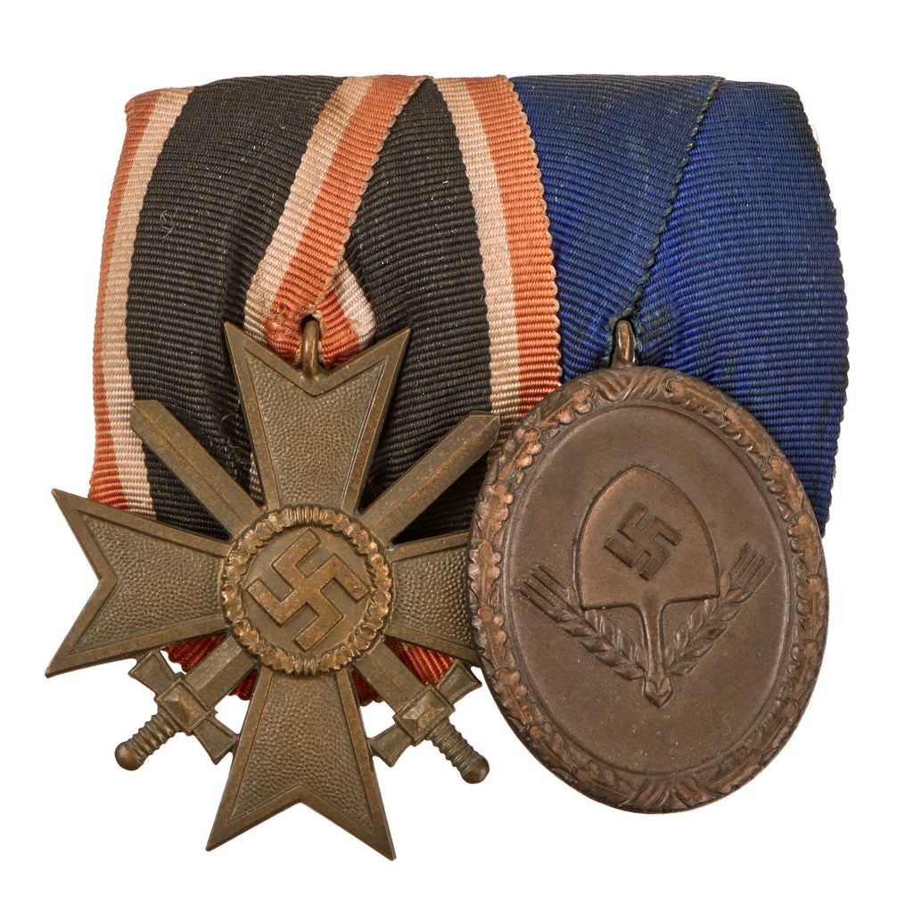 Original German WWII Medal Bar with War Merit Cross 2nd Class and RAD 4 Year Long Service Award - 2 Awards Original Items