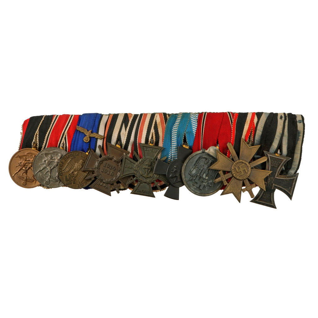 Original German WWI & WWII Era Large Medal Bar with 1914 EKII, Ludwig Cross, KvKII with Swords & Flanders Cross - 9 Awards Original Items