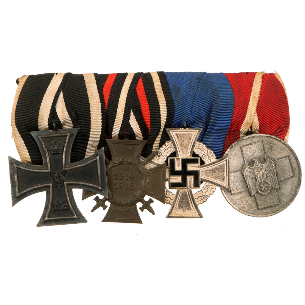 Original German WWI - WWII Medal Bar with Iron Cross, Hindenburg Cross, DRK Red Cross Medal & 25 Year Service Decoration - 4 Awards Original Items