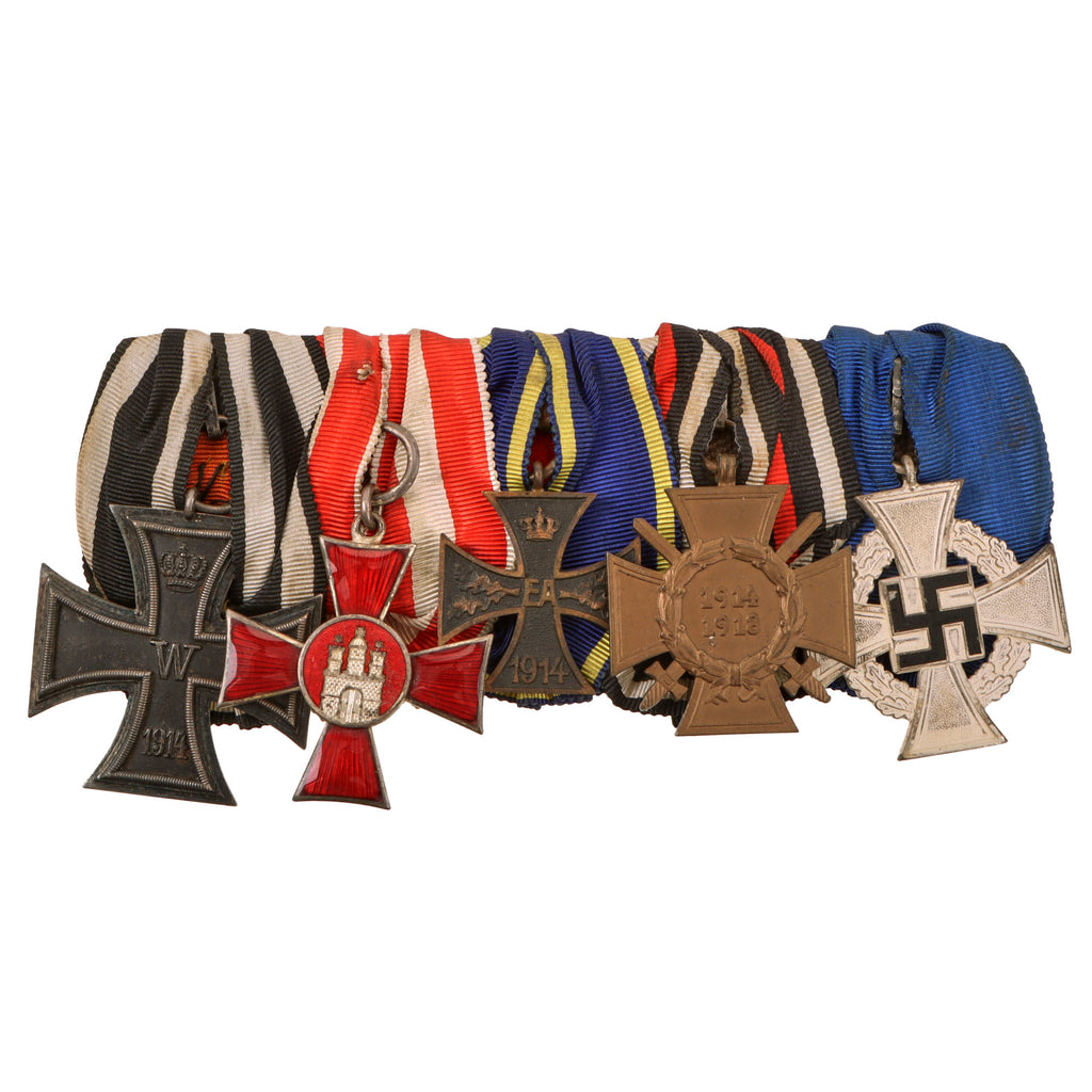 Original German WWI - WWII Medal Bar with Brunswick Merit Cross, City of Hamburg Hanseatic Cross, Hindenburg Cross & 25 Year Civil Service Medal - 5 Awards Original Items
