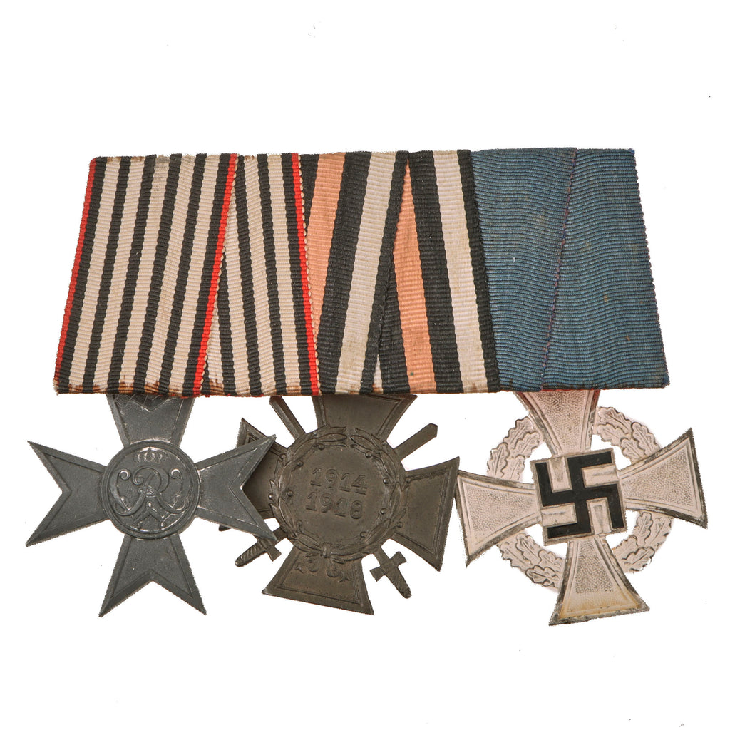 Original German WWI - WWII Medal Bar with Merit Cross for War Aid, Hindenburg Cross & 25 Year Civil Service Medal - 3 Awards