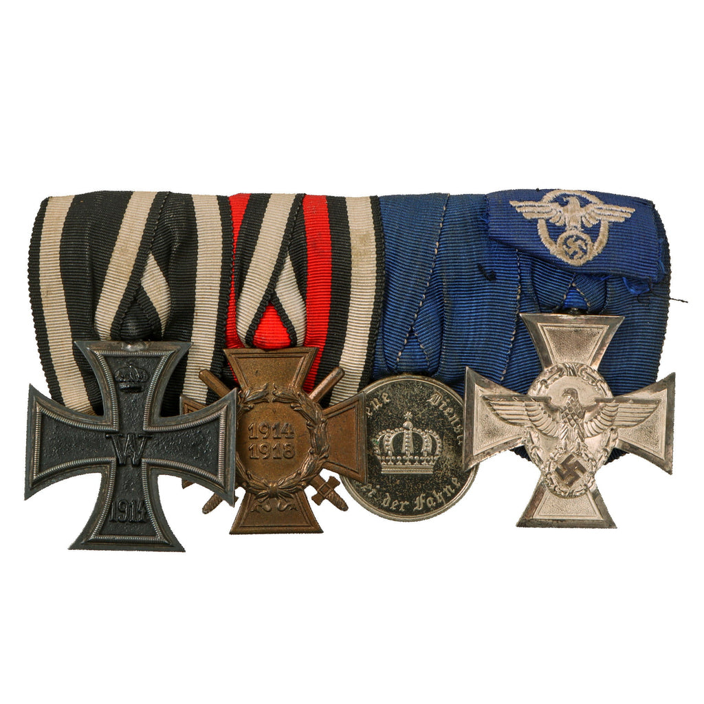 Original German WWI & WWII Medal Bar Featuring Iron Cross 1914 2nd Class & 18 Year Police Service Medal - 4 Total Medals Original Items