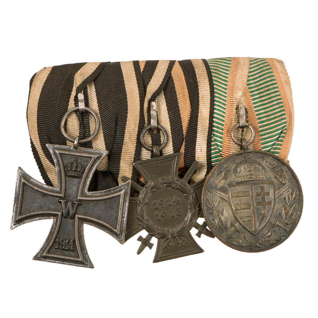 Original Imperial German WWI Era Medal Bar with EKII, Austro-Hungarian WWI Pro Deo et Patria Military Medal, and Hindenburg Cross Original Items