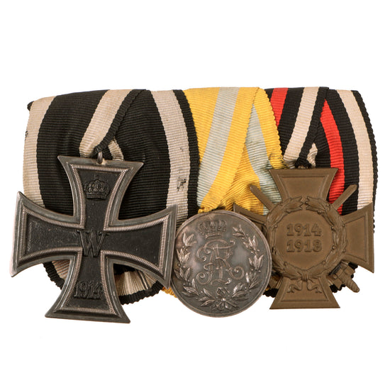Original Imperial German WWI Era Medal Bar with EKII, Kingdom of Saxony Friedrich August Medal, and Hindenburg Cross