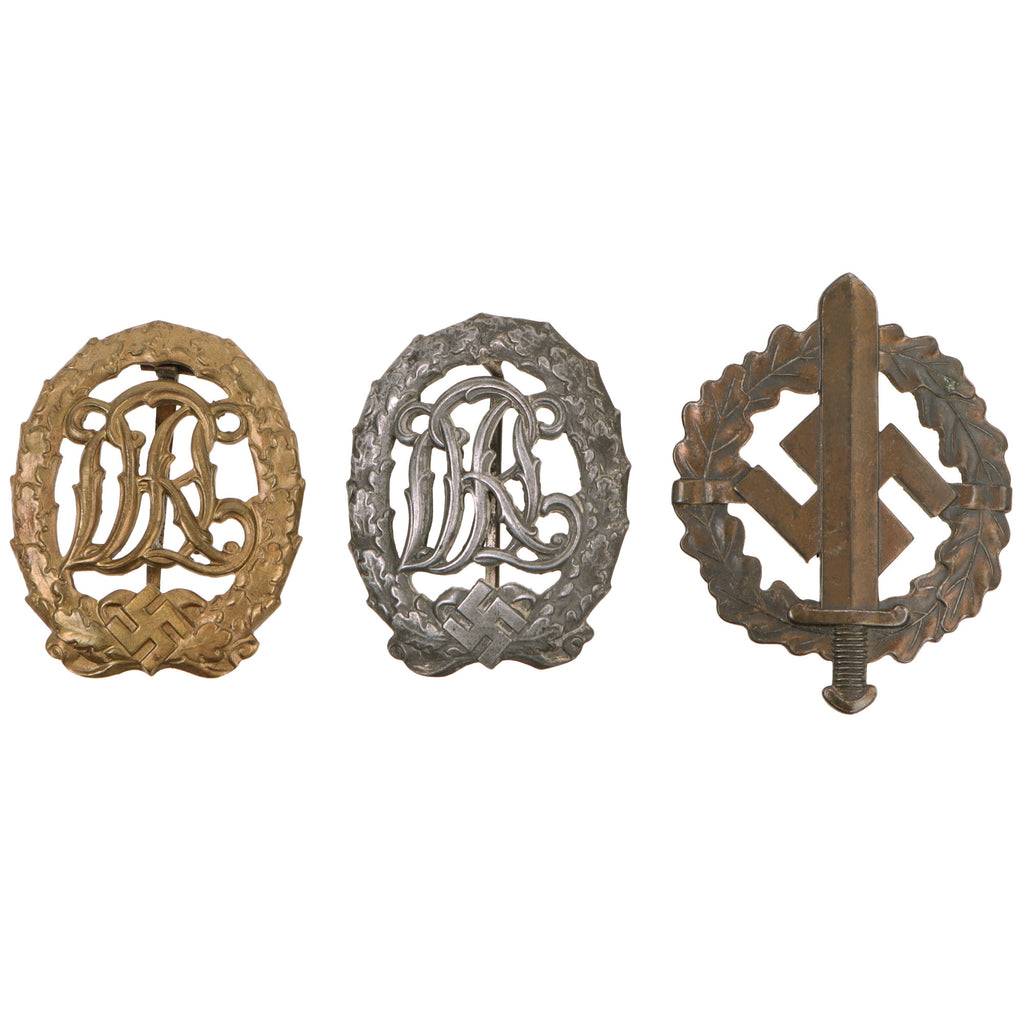 Original German WWII Sports Award Set - Bronze and Silver Grade DRL Sports Badges with Bronze SA Defense Team Sports Training Badge Original Items