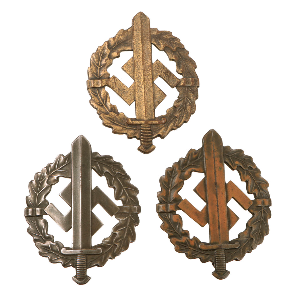 Original German WWII Set of Three SA Defense Team Sports Training Badges - Gold, Silver, and Bronze Grade