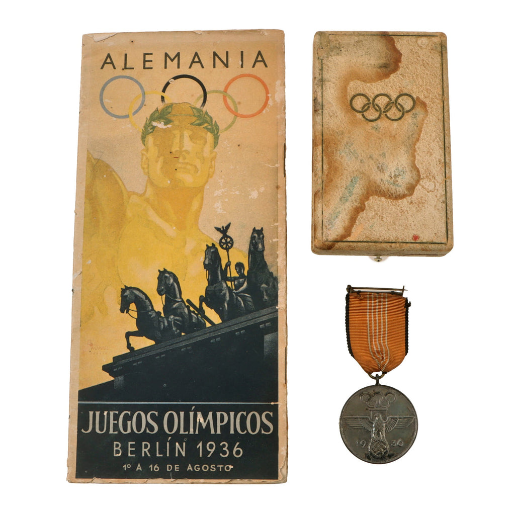 Original German WWII 1936 Berlin Summer Olympic Games Medal in Presentation Case with Spanish Language Program Original Items