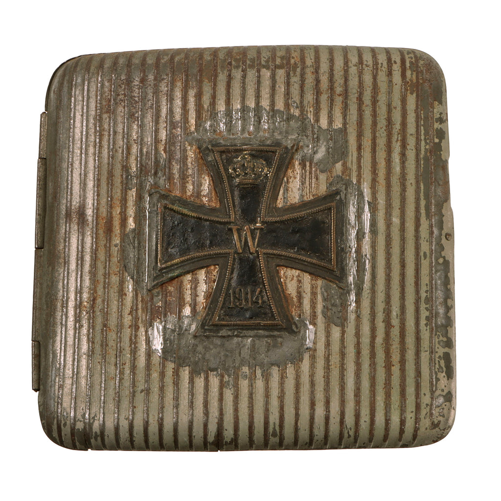 Original Imperial German WWI Steel Cigarette Case with Iron Cross 1914 Device on Lid Original Items
