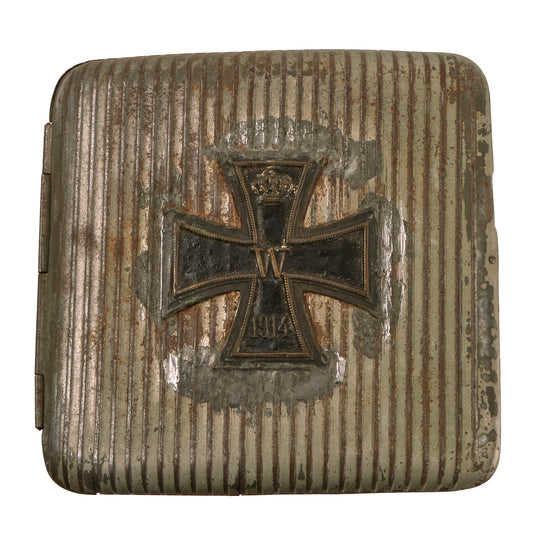 Original Imperial German WWI Steel Cigarette Case with Iron Cross 1914 Device on Lid Original Items